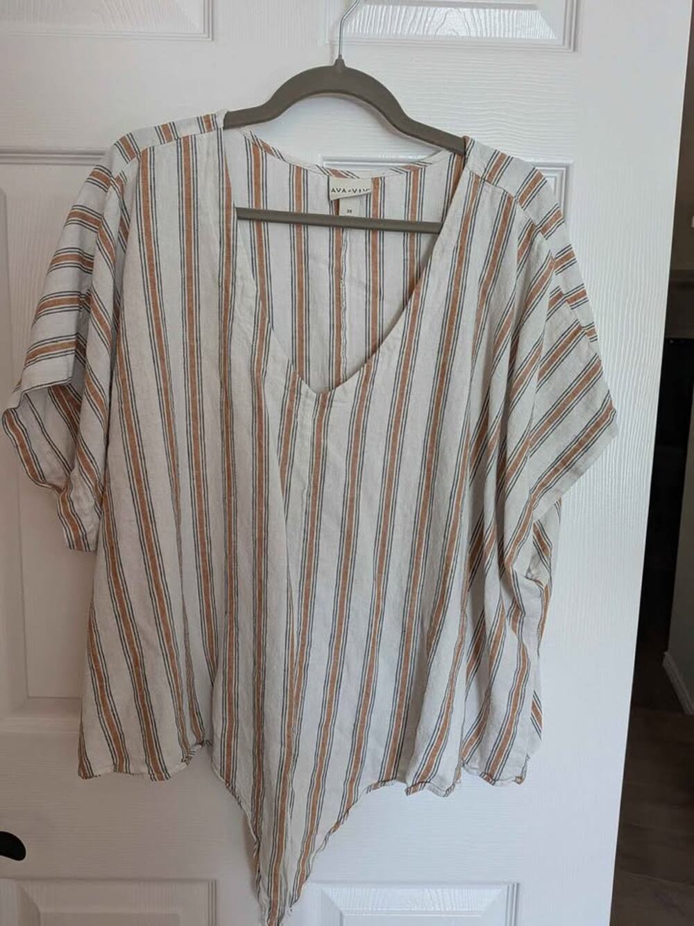 Plus Size V-Neck Front Tie Striped Blouse